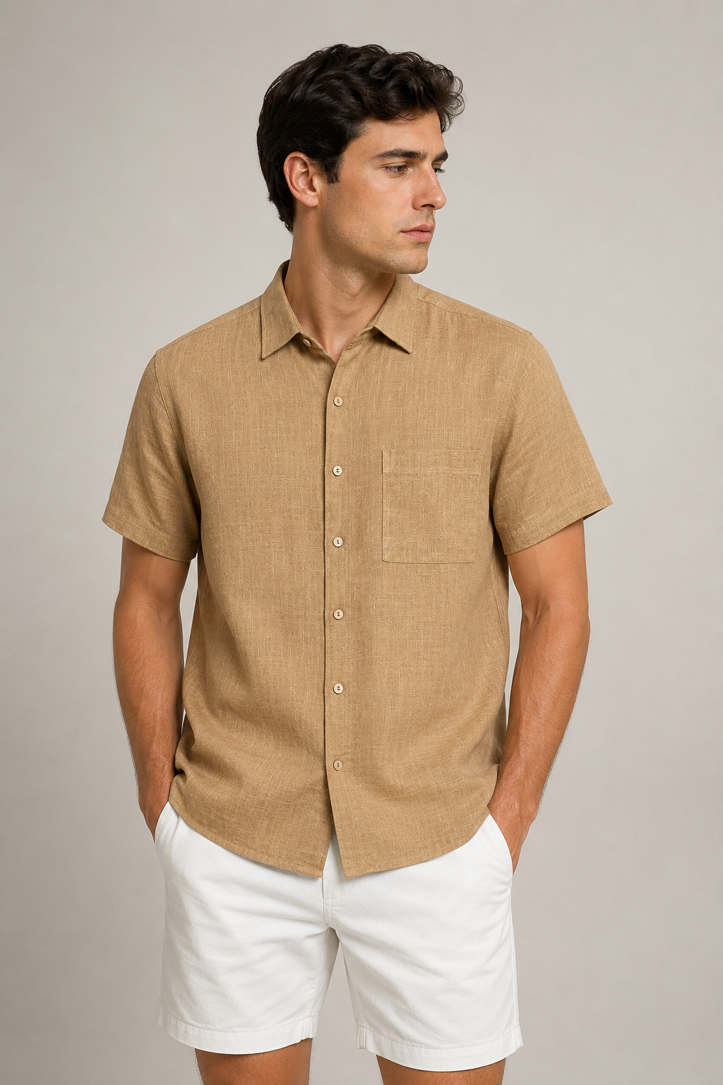 Camisas Para Hombre Manga Corta Albatros Tipo Lino Semi Recta B61561 Camello