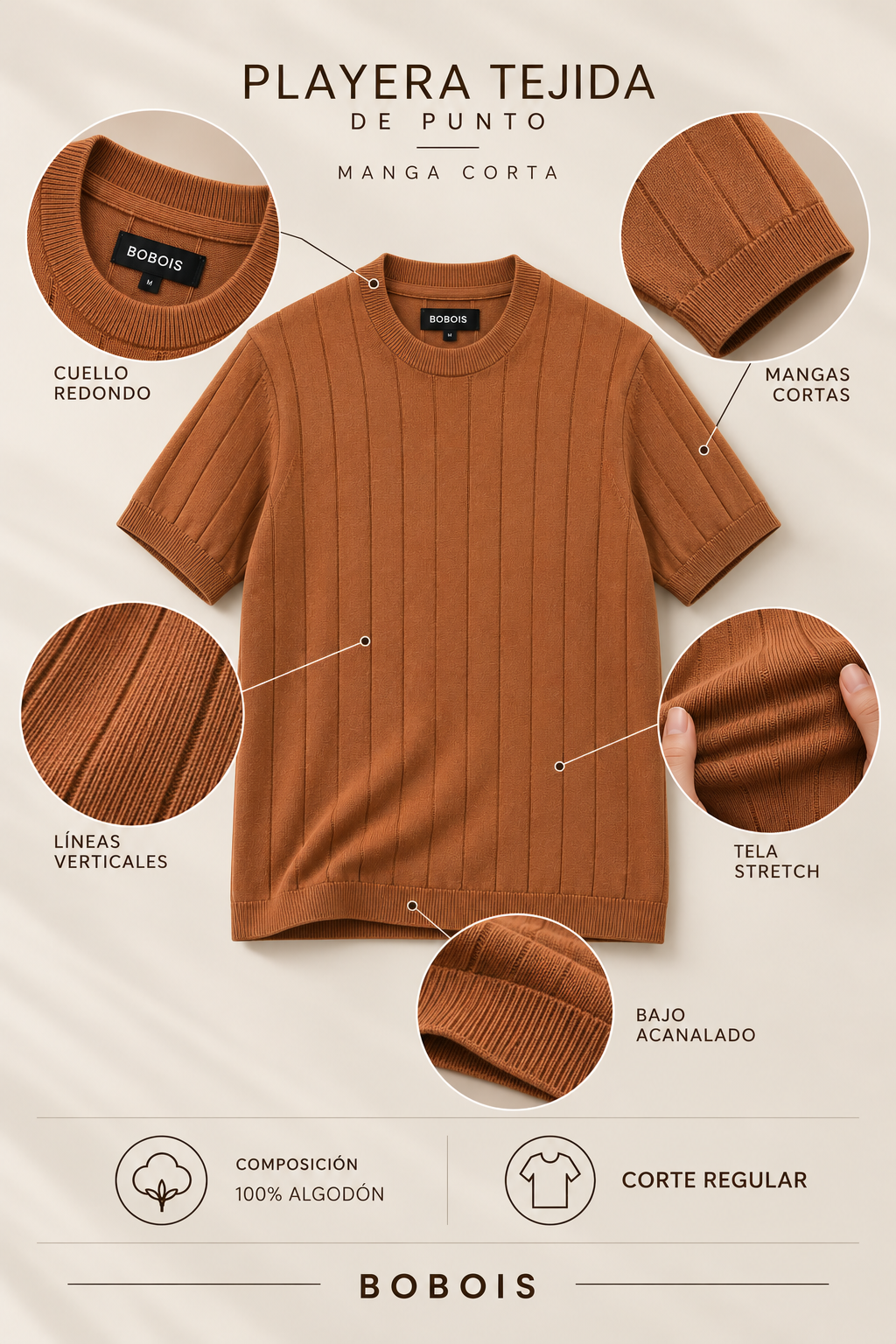 Playeras Para Hombre de Punto Tejida Acanalada A61452 Negro