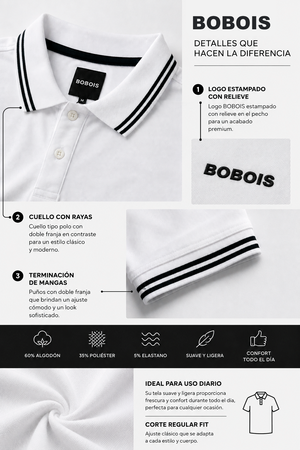 Playeras Polo Para Hombre Básica con Rayas APOLRS Blanco