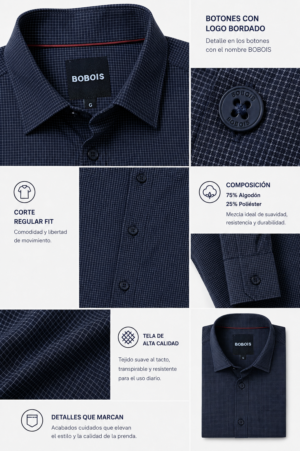 Camisas Para Hombre Manga Larga Cuadros B45307 Indigo