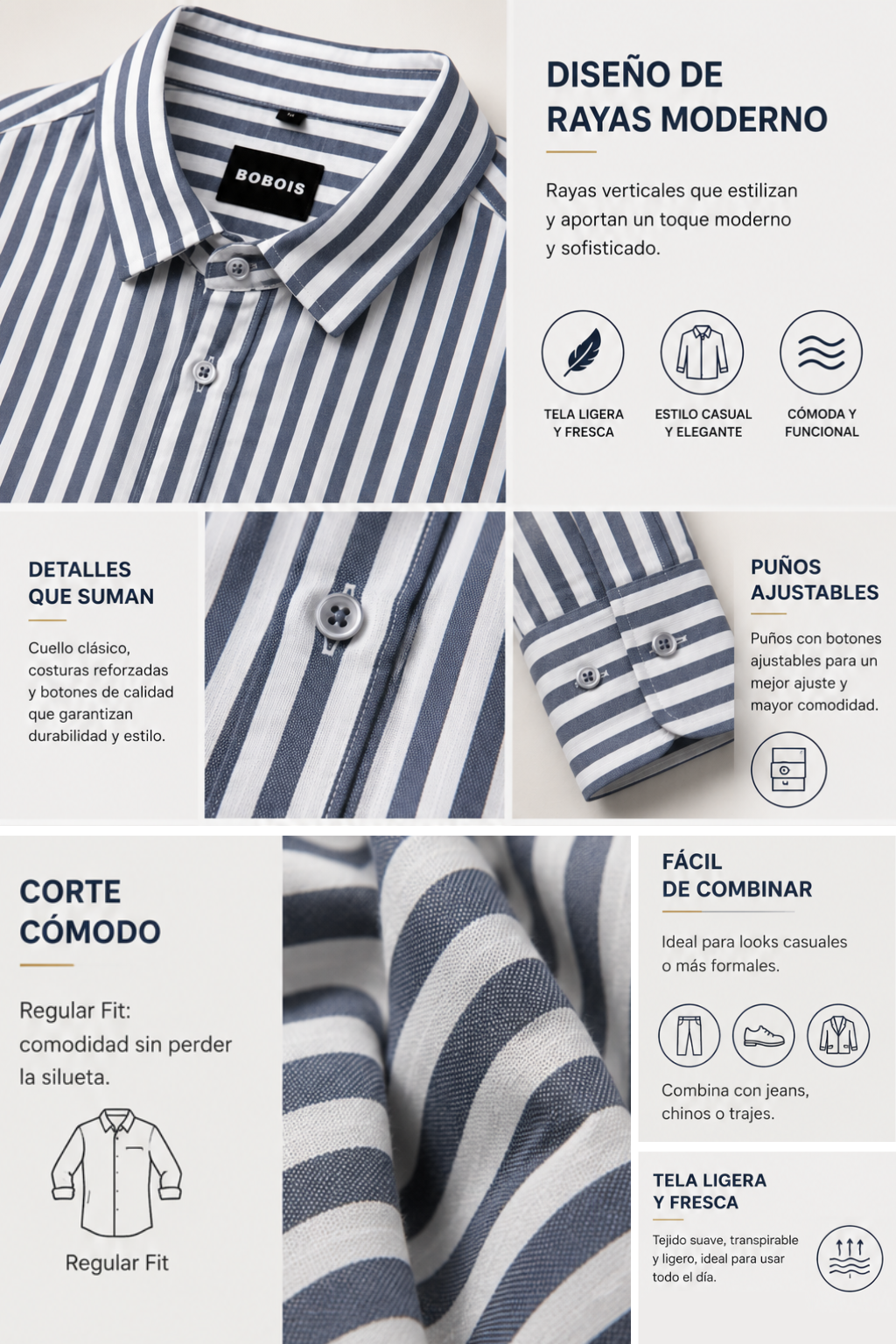 Camisa para Hombre Manga Larga de Rayas Antiarrugas Ligera B61408 Olivo