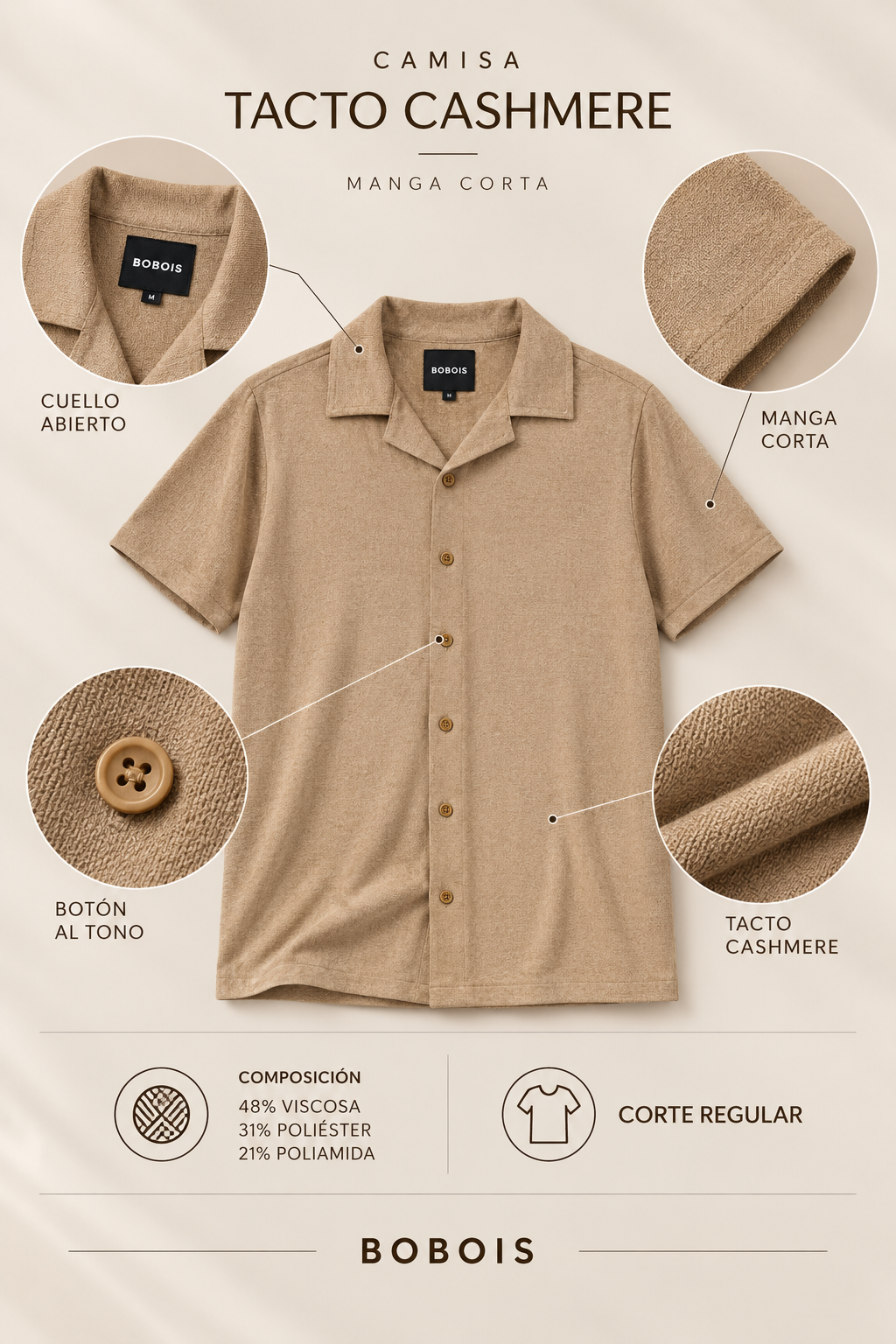 Camisas Para Hombre Manga Corta Tacto Cashmere B65451 Beige