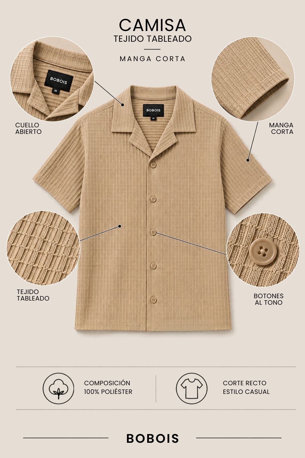 Camisas Para Hombre Manga Corta Tejido Tableado B65453 Hueso