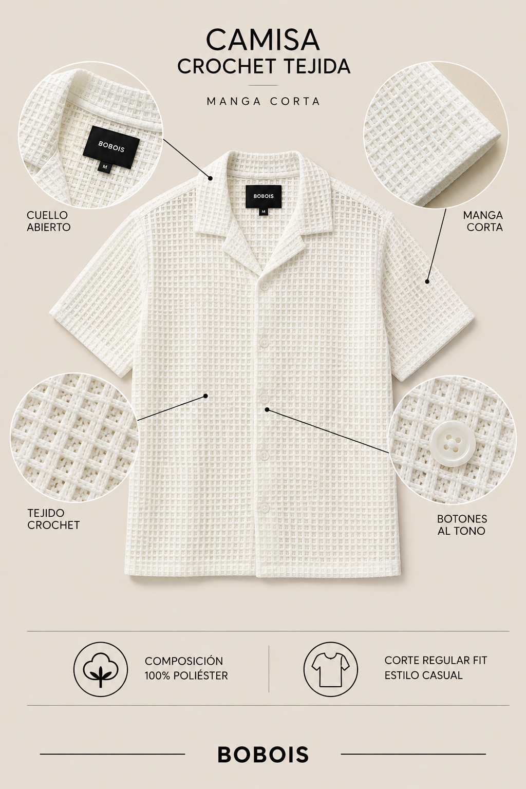 Camisas Para Hombre Manga Corta Crochet Tejida B65454 Hueso