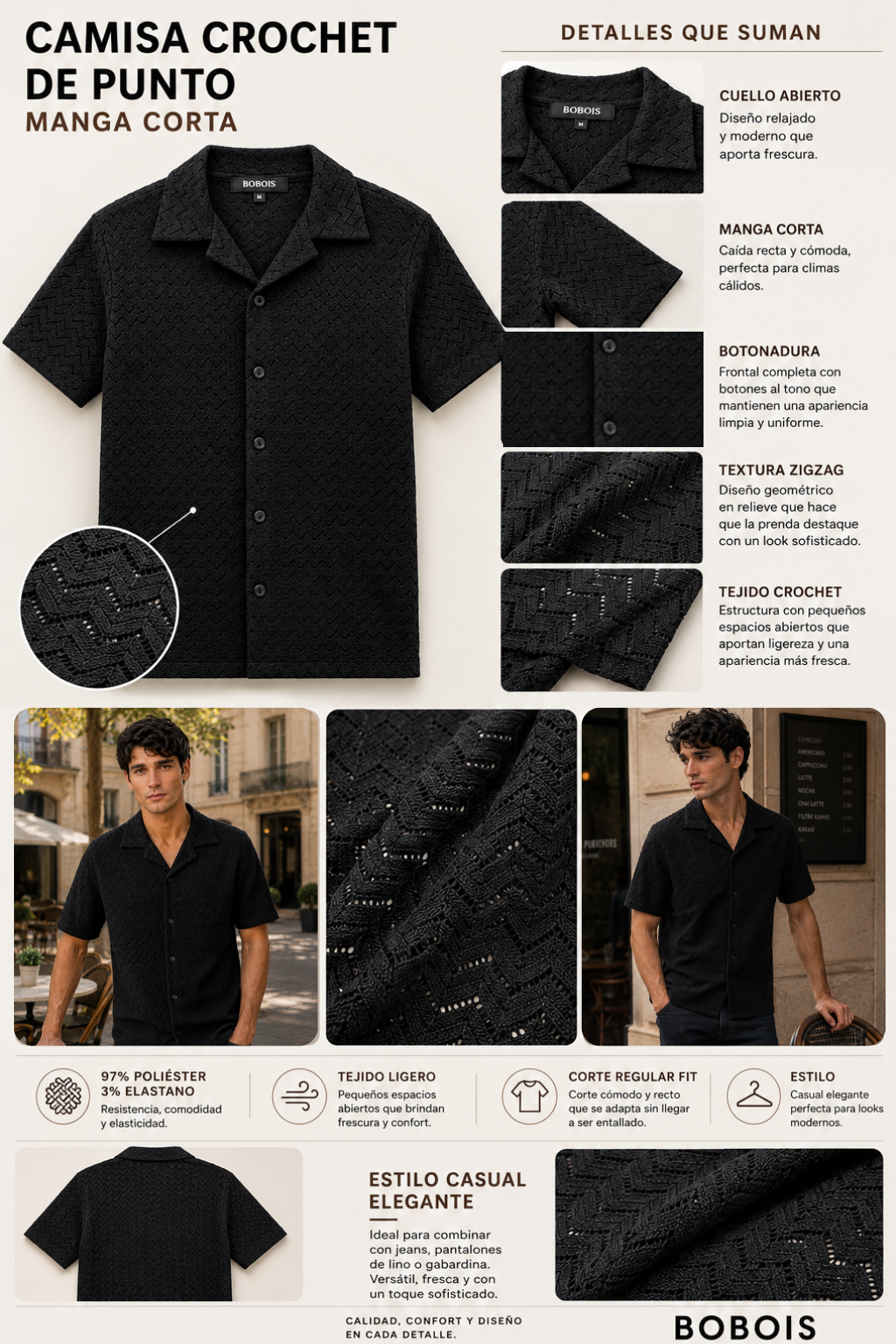 Camisas Para Hombre Manga Corta Crochet Textura Zizag B65456 Café