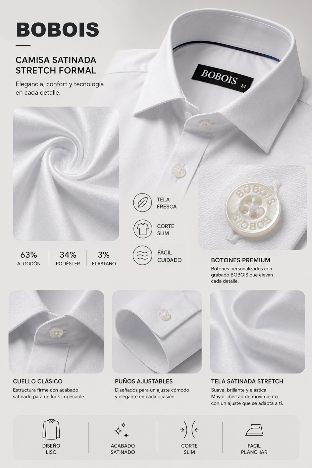 Camisas Para Hombre Satinada Stretch Formal BPOPSS Blanco