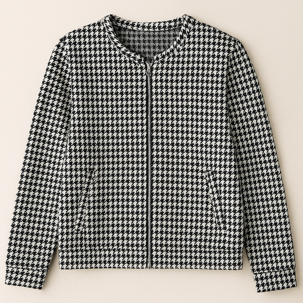 Chamarras Para Mujer Bomber Estampado Pata de Gallo Q53103 Blanco