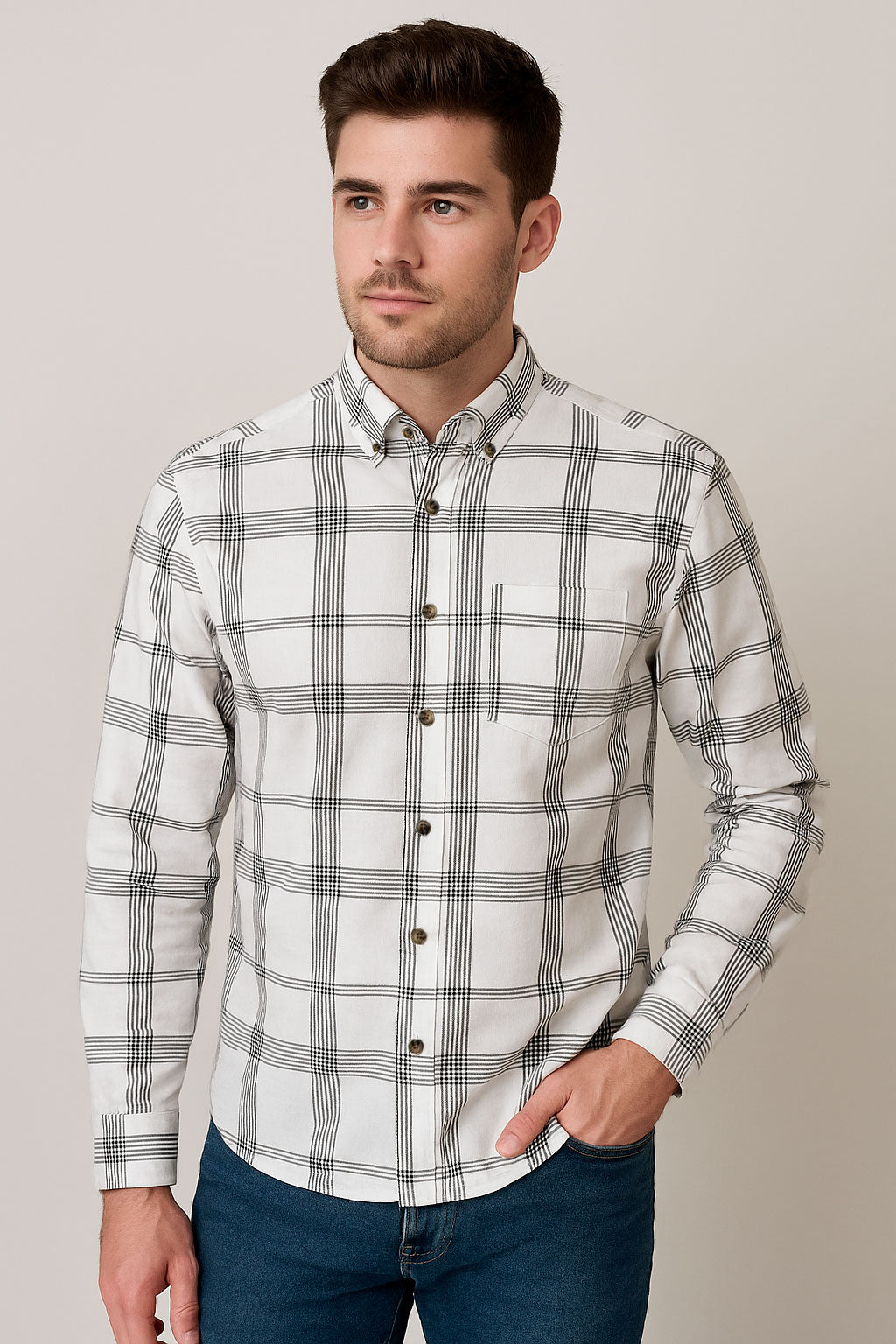 Camisas Para Hombre Cuadros Button Down B55102 Blanco