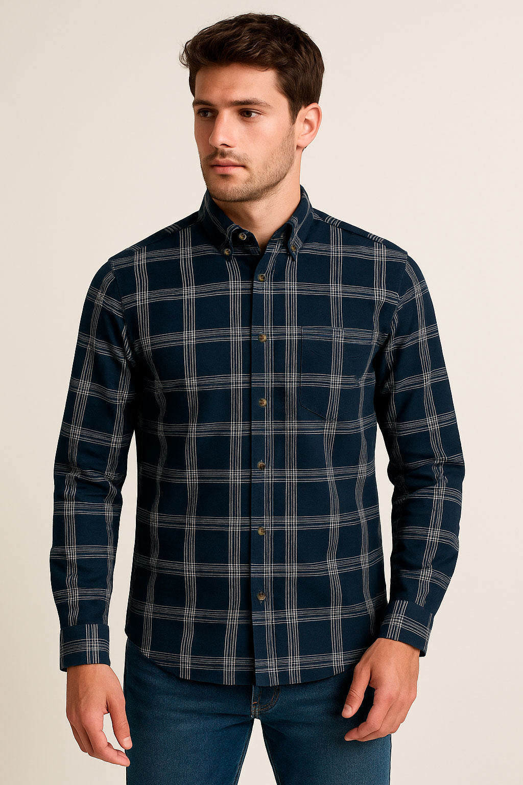Camisas Para Hombre Cuadros Button Down B55102 Marino