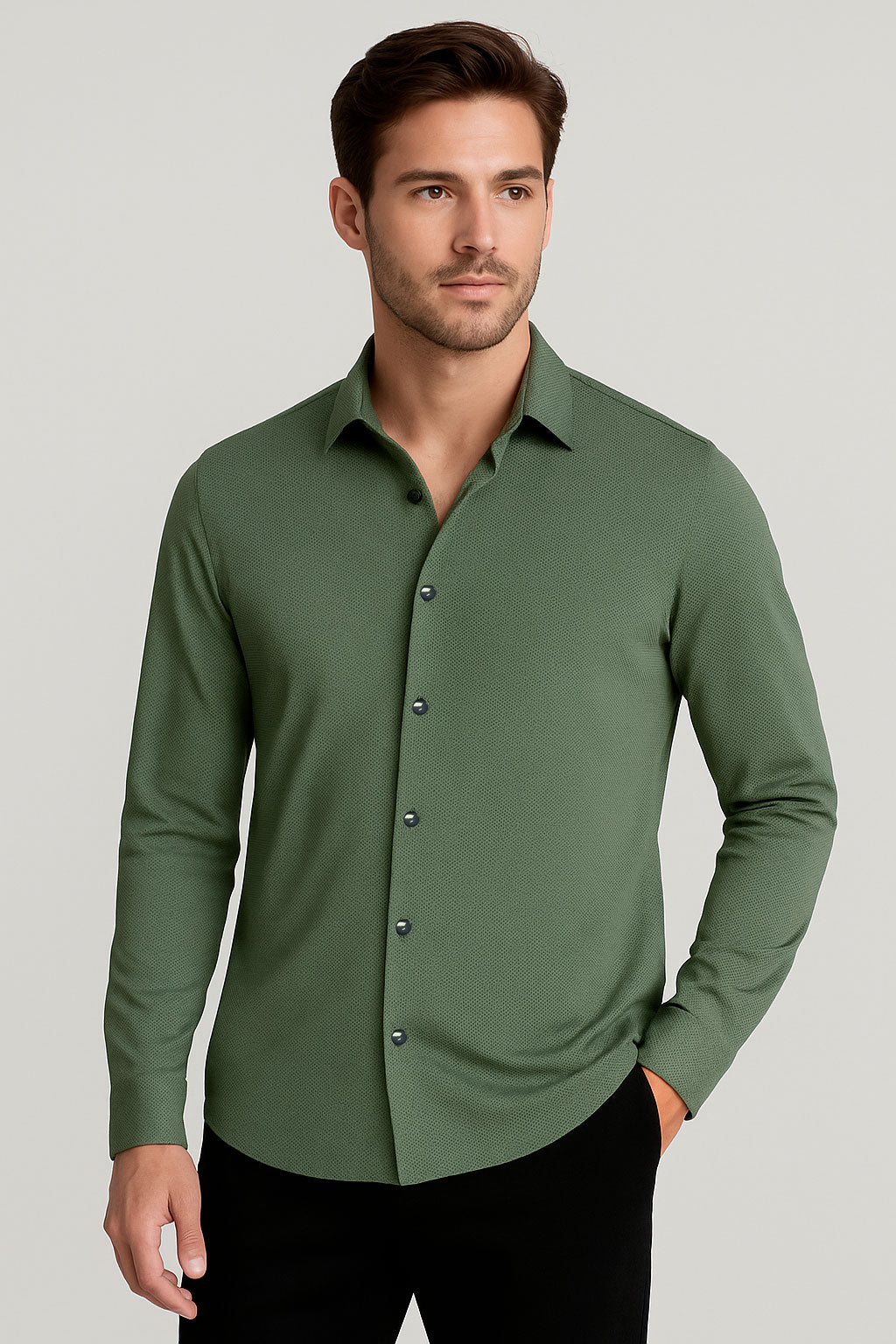 Camisas Para Hombre Premium Spandex Jacquard B55404 Olivo