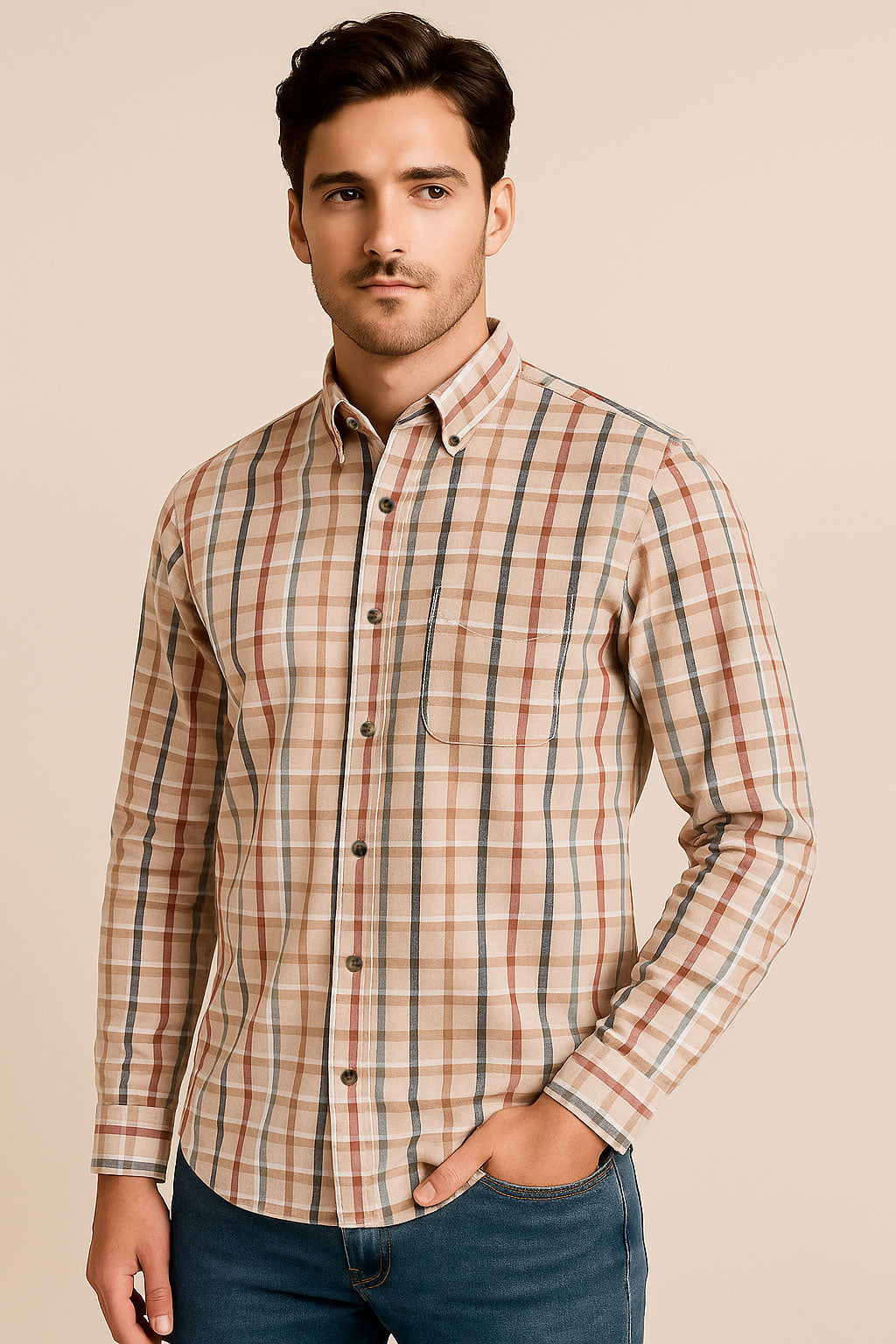 Camisas Para Hombre Cuadros Button Down B55104 Kaki