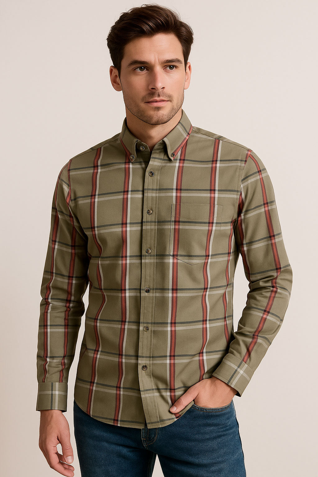 Camisas Para Hombre Cuadros Button Down B55106 Olivo