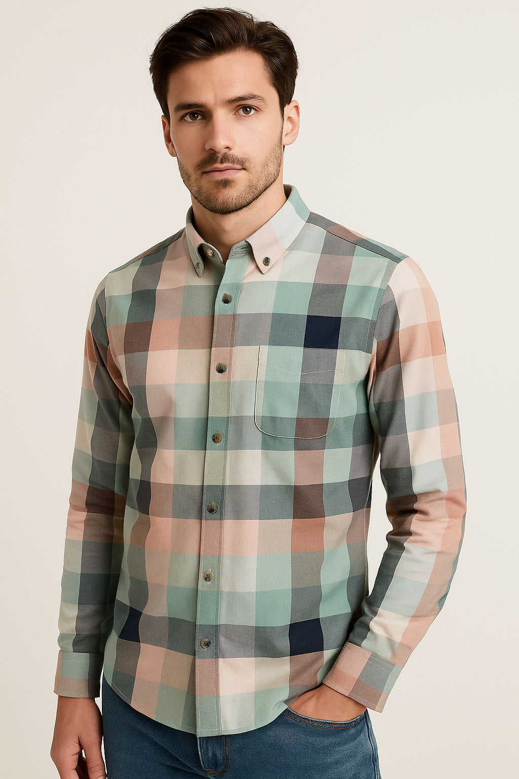 Camisas Para Hombre Manga Larga Cuadros Soft B55107 Crema