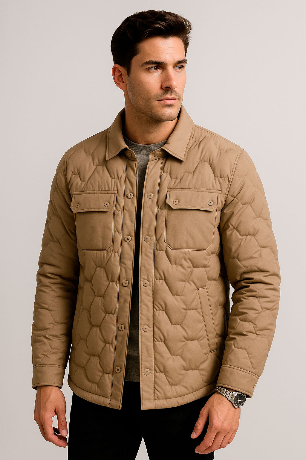 Chamarras Para Hombre Clásica De Invierno Estilo Acolchado D45302 Beige