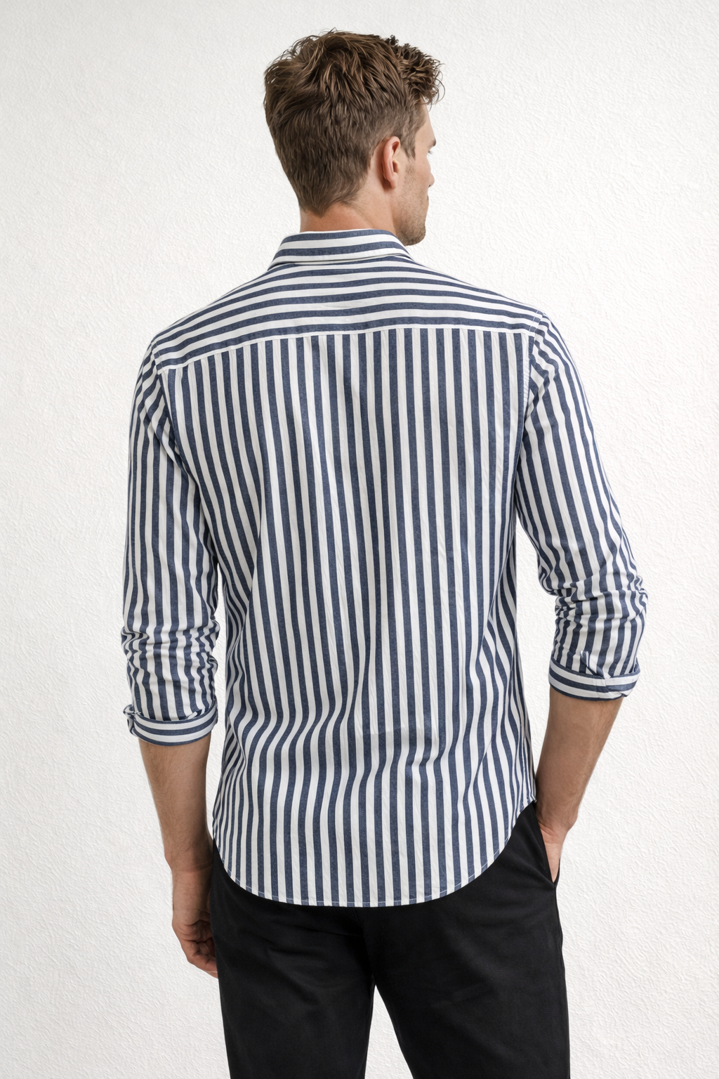 Camisa para Hombre Manga Larga de Rayas Antiarrugas Ligera B61408 Marino