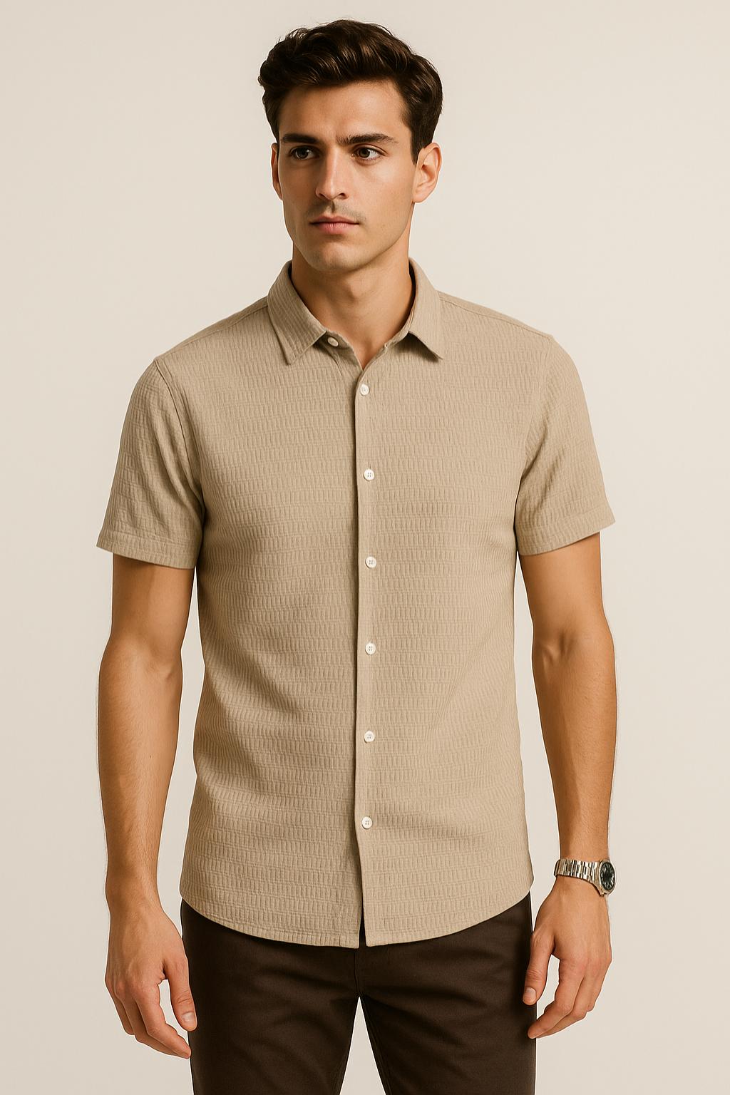 Camisas Para Hombre Manga Corta Con Textura B55357 Beige