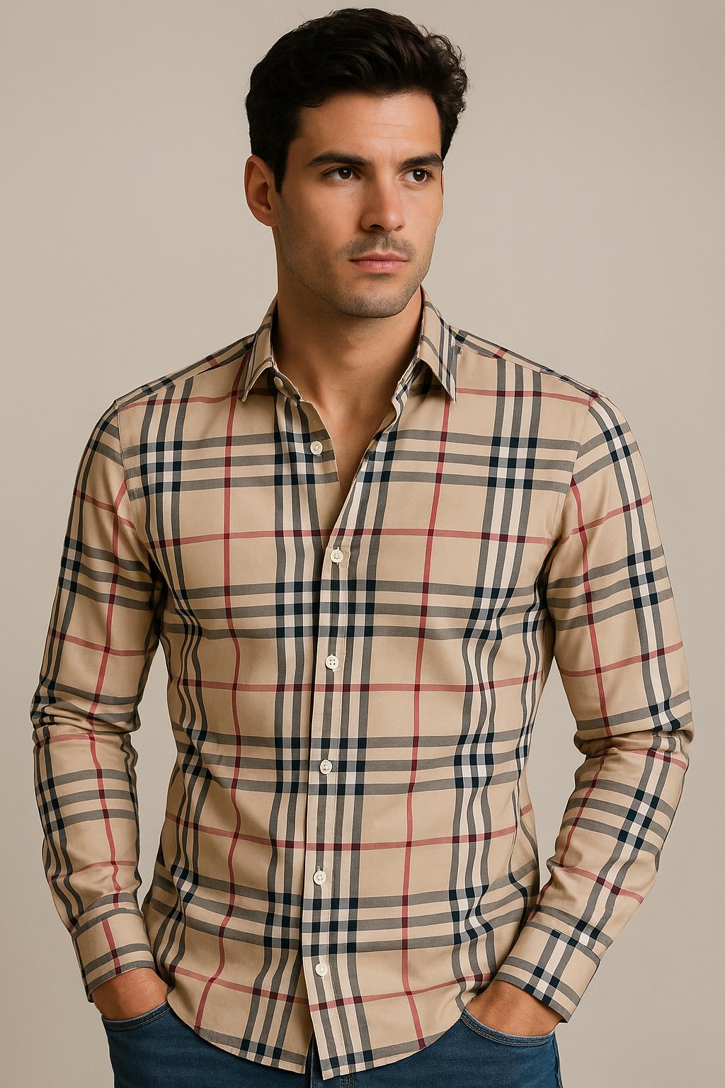 Camisas Para Hombre Cuadros Grandes B55309 Beige
