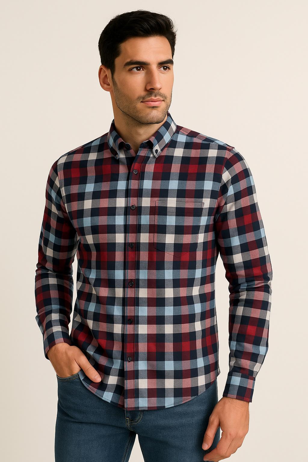 Camisas Para Hombre Oxford De Cuadros B55108 Azul