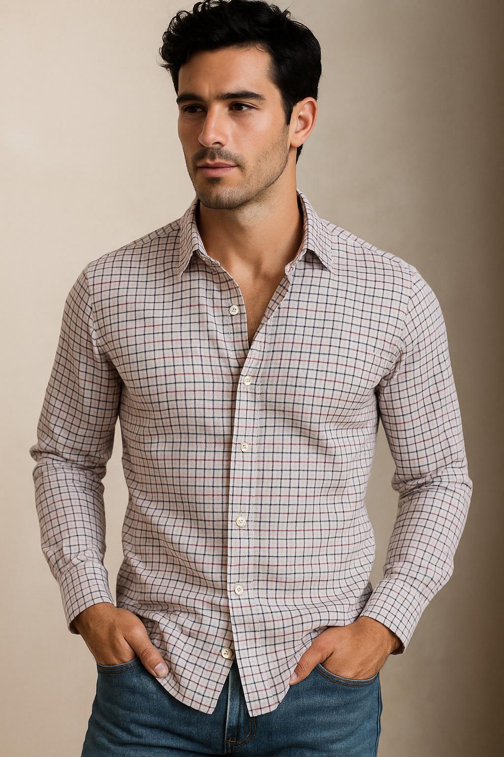 Camisas Para Hombre Corrugada Microcuadros B55310 Rojo