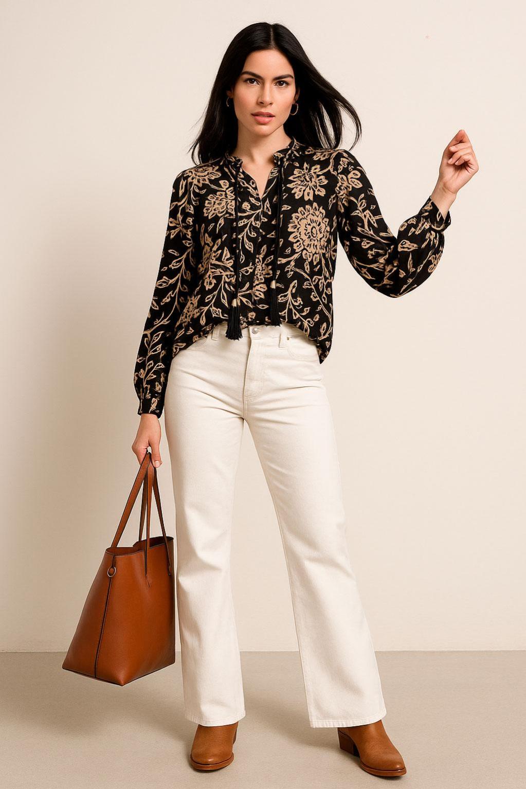 Blusas Para Mujer Estampado Floral Y Escote Con Lazo N53110 Negro