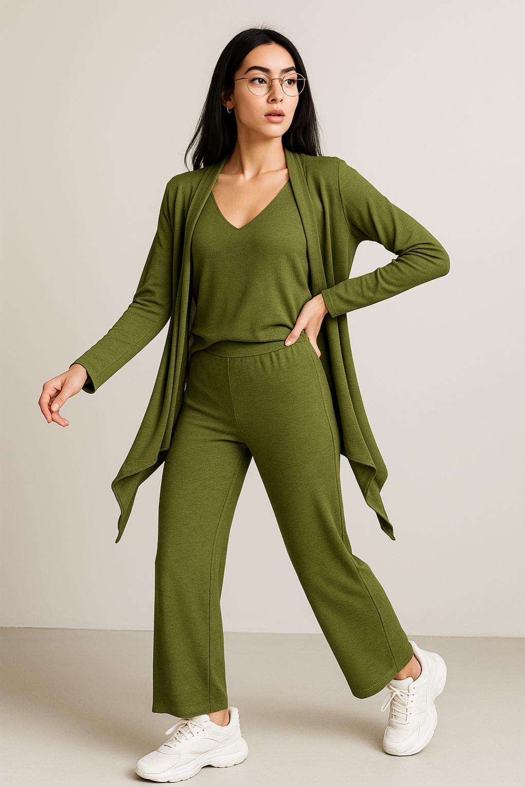 Sets Para Mujer Tejido 3 Pz De Ensamble, Blusa Y Pantalón O53205 Olivo