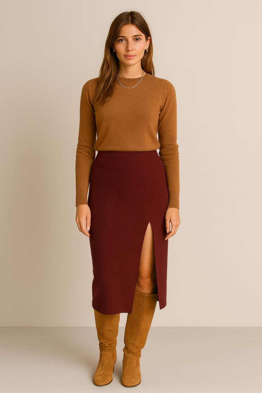 Faldas Para Mujer De Tubo Cintura Cruzada Abertura Frontal X53102 Vino