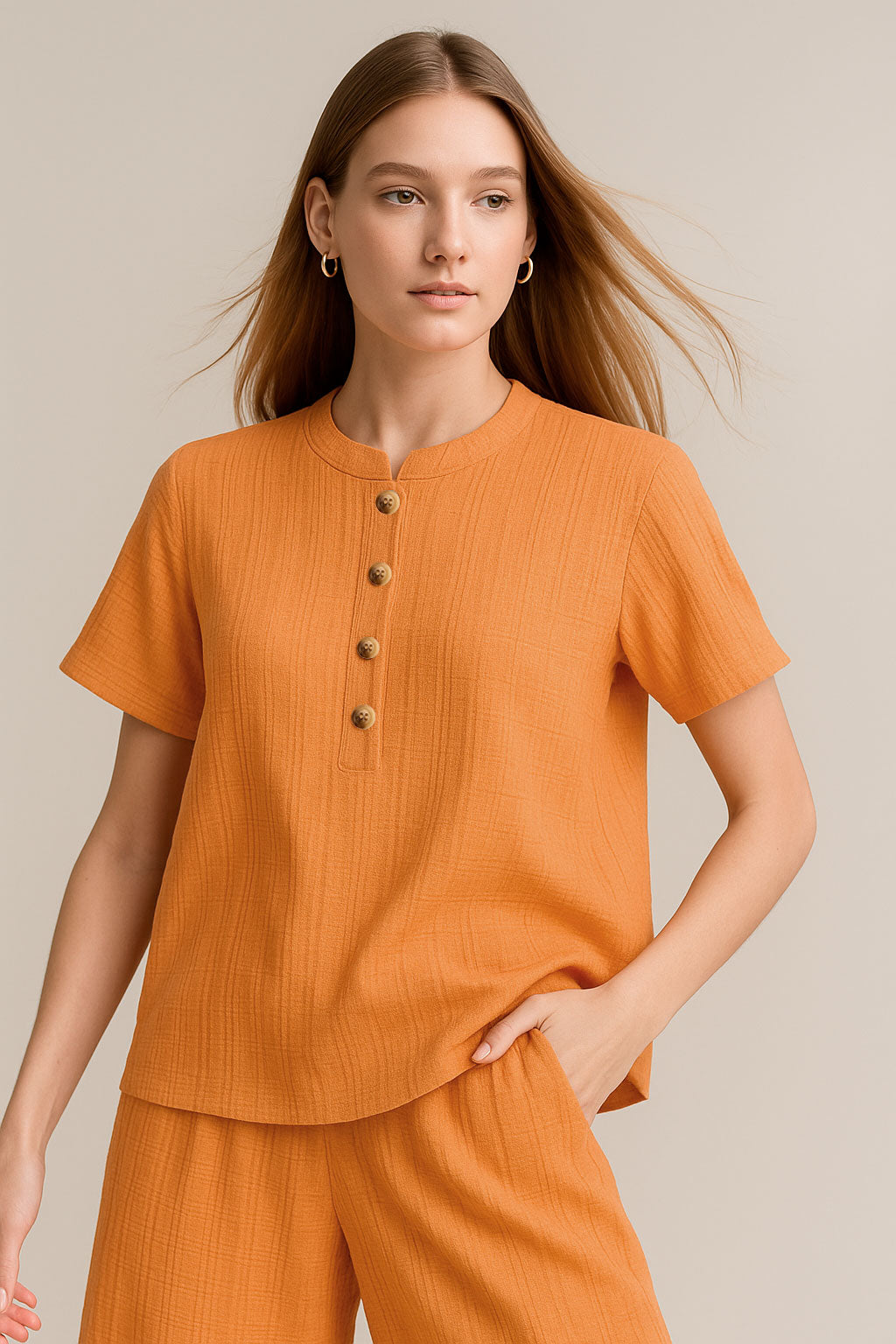 Pantalones Para Mujer Basico Corrugado De Tiro Alto W41142 Naranja