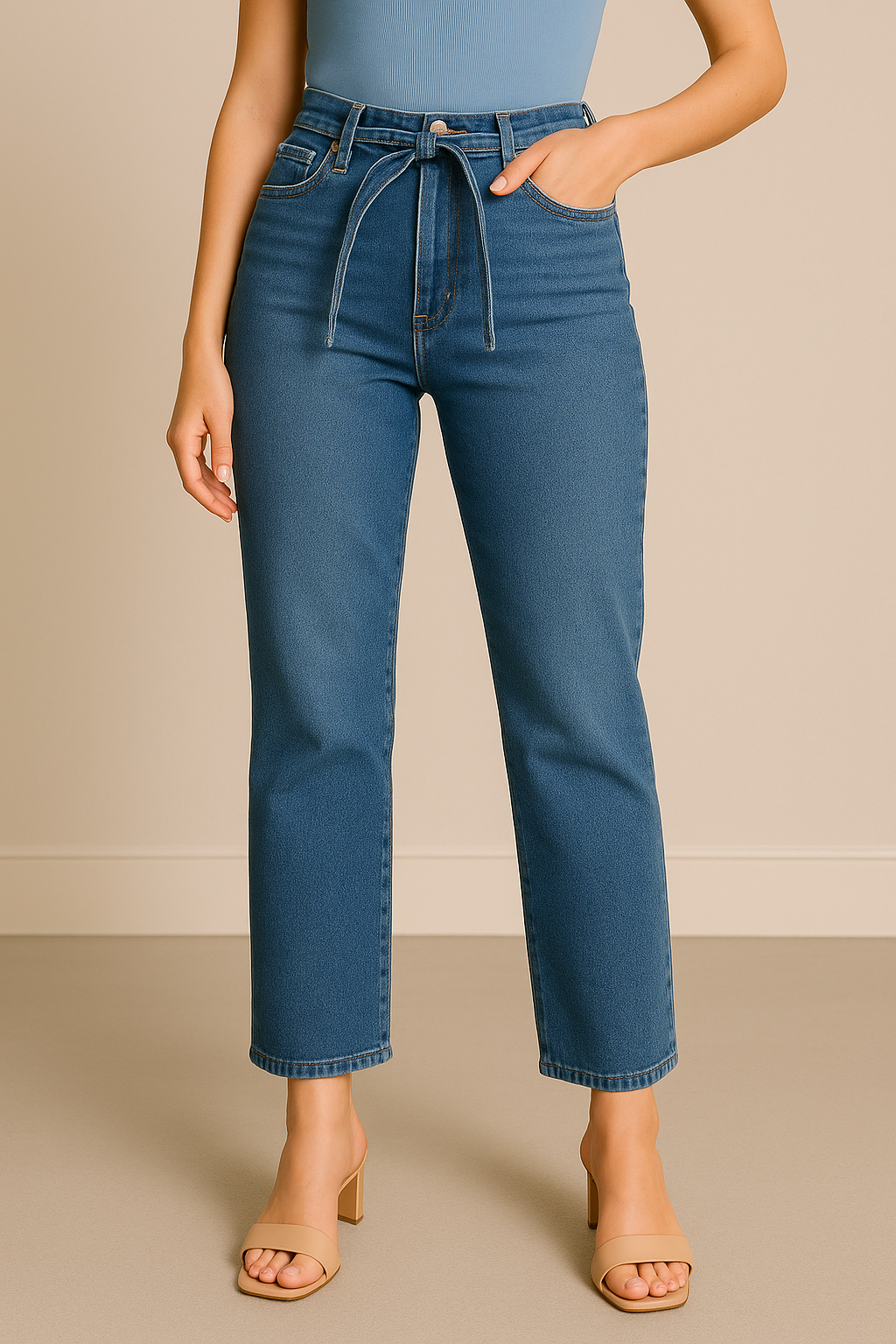 Jeans Para Mujer Recto Con Cinto Mezclilla V51102 Stone