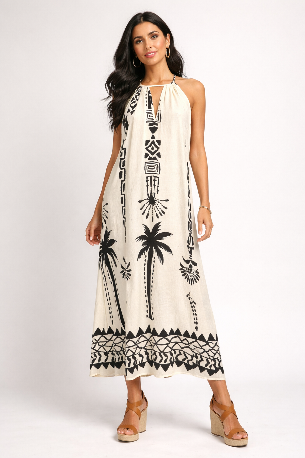 Vestidos Para Mujer Suelto Cuello Halter Zenefa S61125 Hueso/Negro