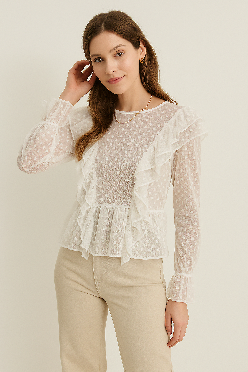 Blusas Para Mujer De Malla Con Olanes y Puntos N53124 Hueso