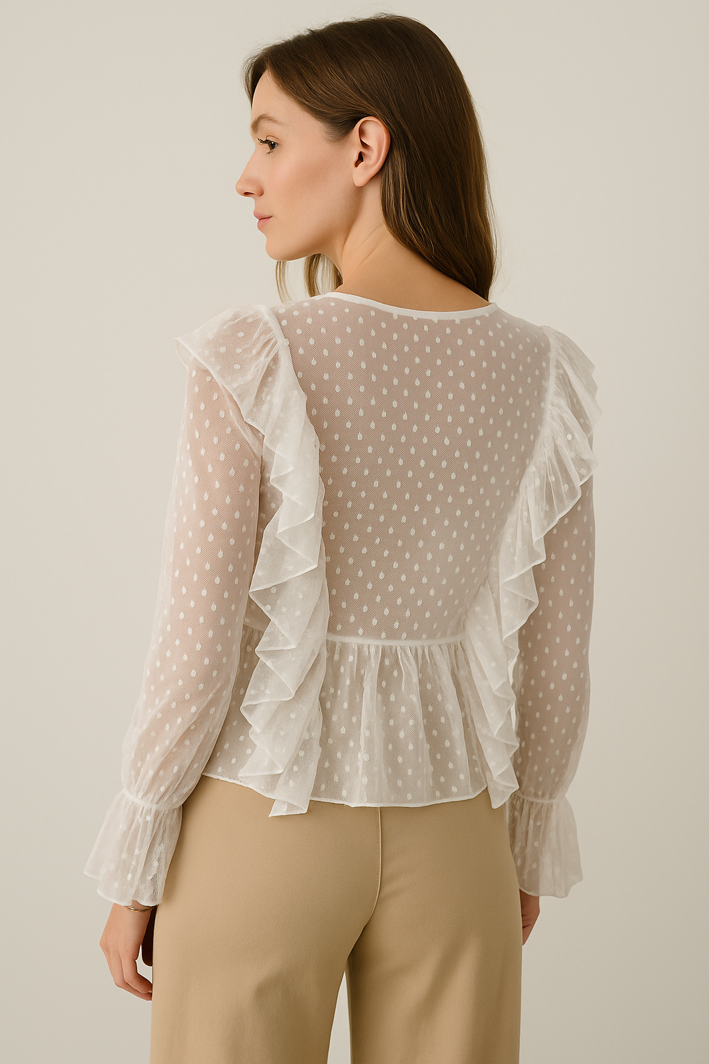 Blusas Para Mujer De Malla Con Olanes y Puntos N53124 Hueso