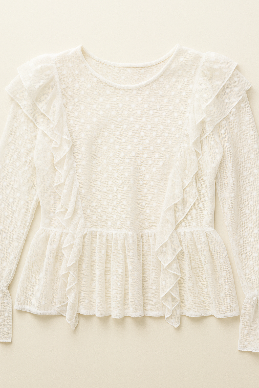 Blusas Para Mujer De Malla Con Olanes y Puntos N53124 Hueso