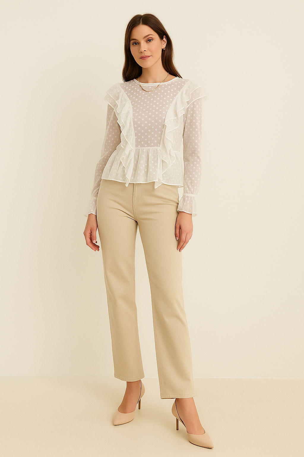 Blusas Para Mujer De Malla Con Olanes y Puntos N53124 Hueso