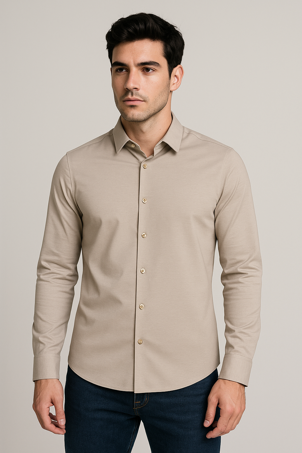 Camisas Para Hombre Jersey Spandex De Punto B55402 Beige