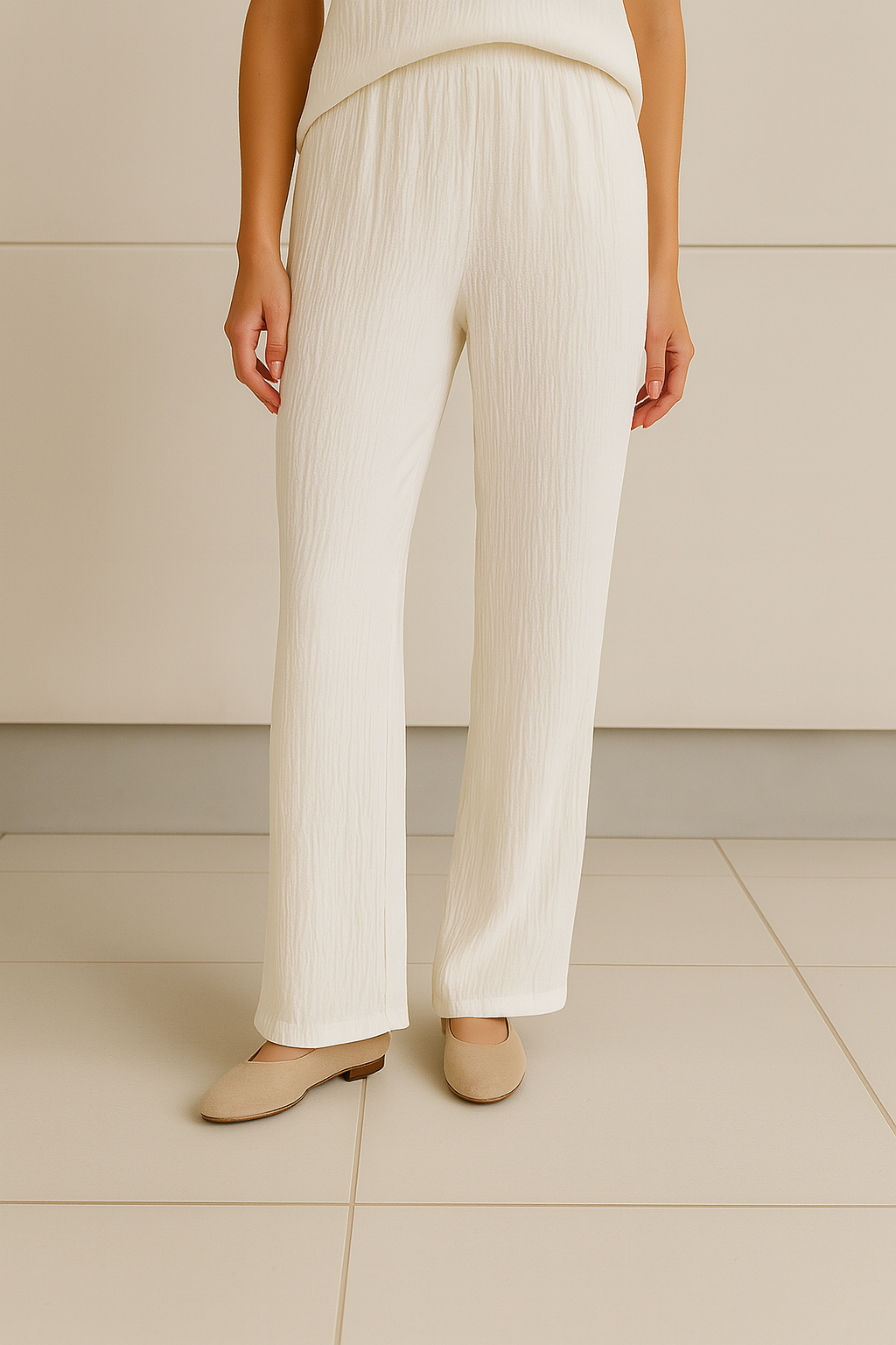 Pantalones Para Mujer Basico Corrugado De Tiro Alto W41142 Hueso