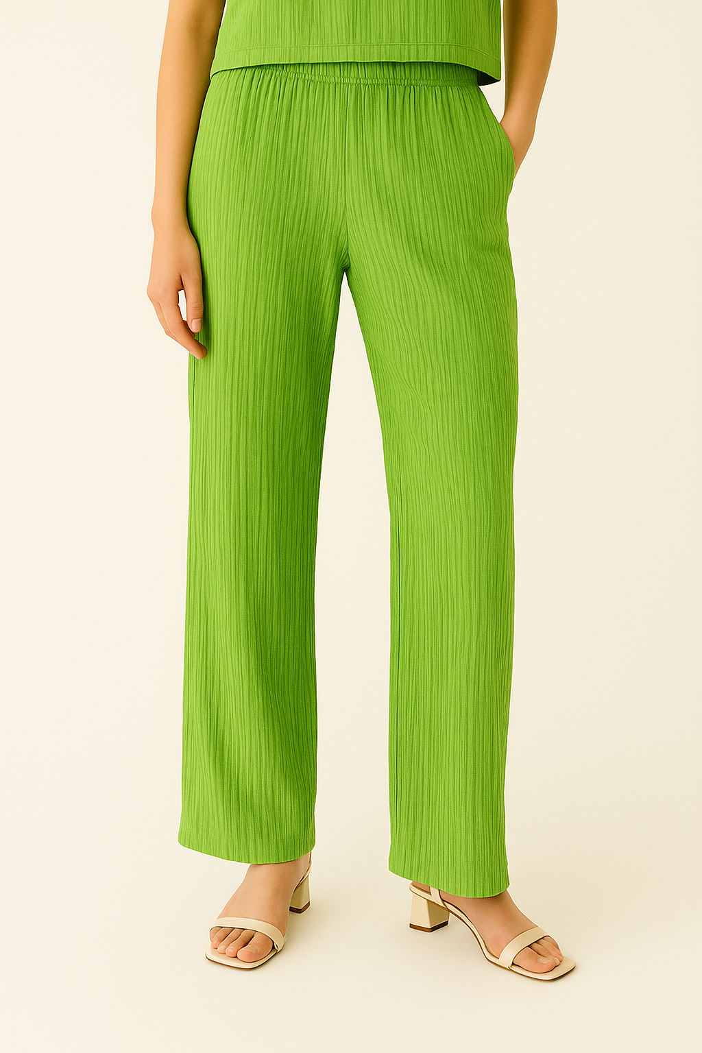 Pantalones Para Mujer Basico Corrugado De Tiro Alto W41142 Verde