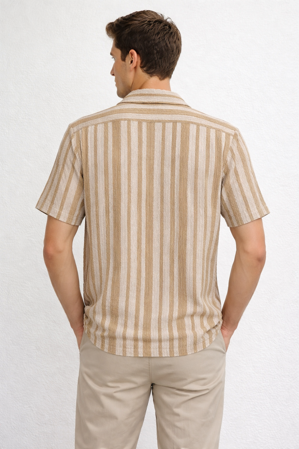 Camisa para Hombre Manga Corta Jacquard a Rayas Stretch B61456 Kaki