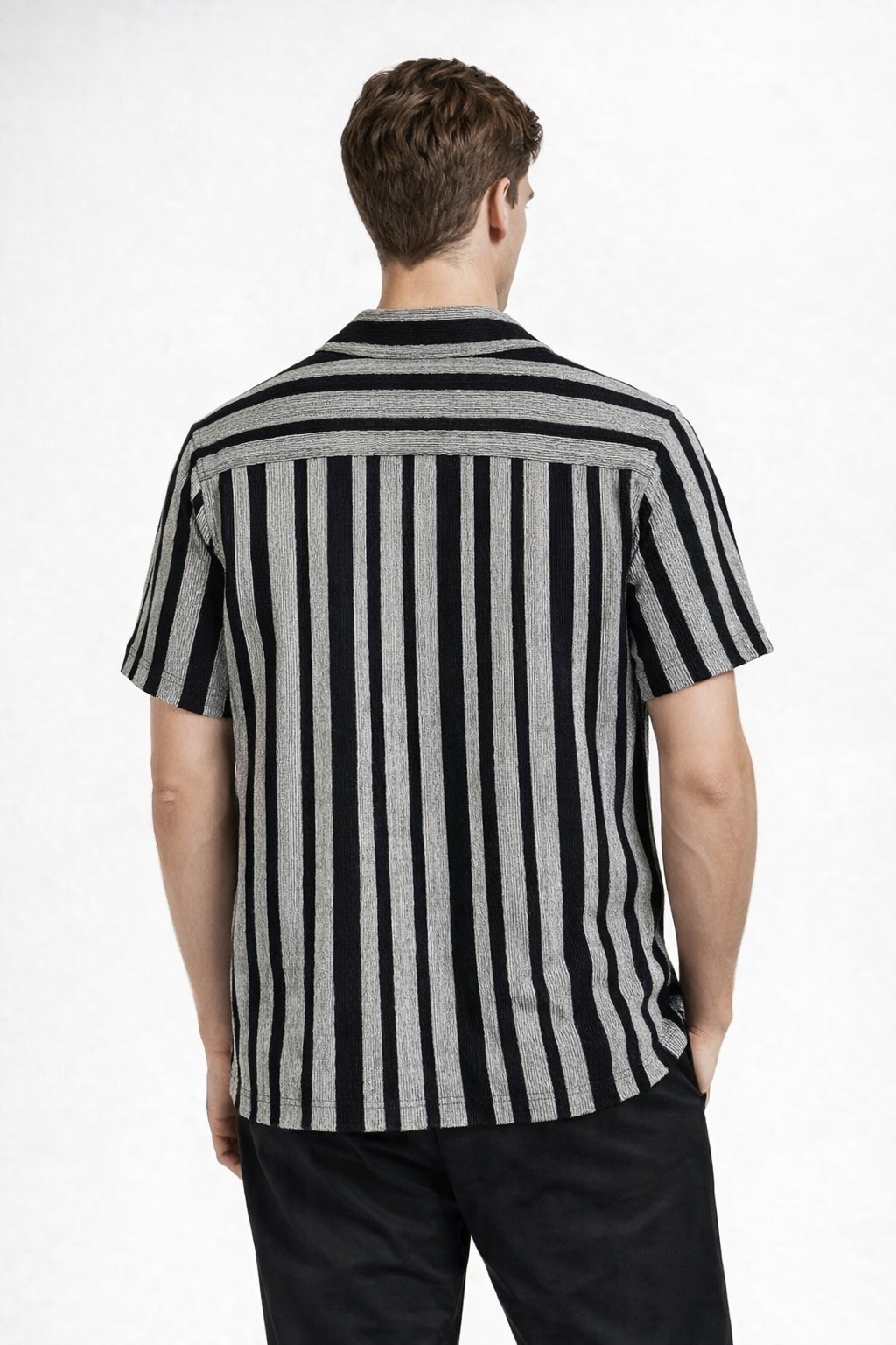 Camisa para Hombre Manga Corta Jacquard a Rayas Stretch B61456 Negro