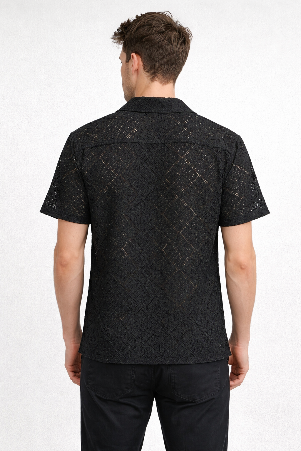 Camisa para Hombre Manga Corta Resort Casual de Crochet B61458 Negro
