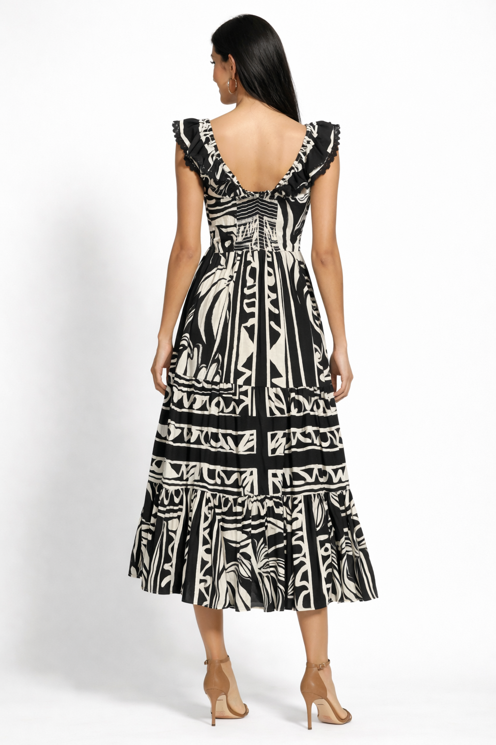 Vestidos Para Mujer Cuello V Largo Con Olanes S61110 Hueso/Negro