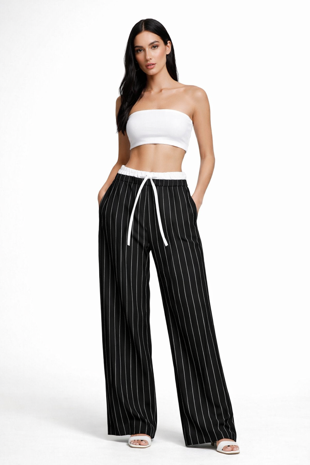 Pantalones Para Mujer De Rayas Cintura Doble W61100 Negro