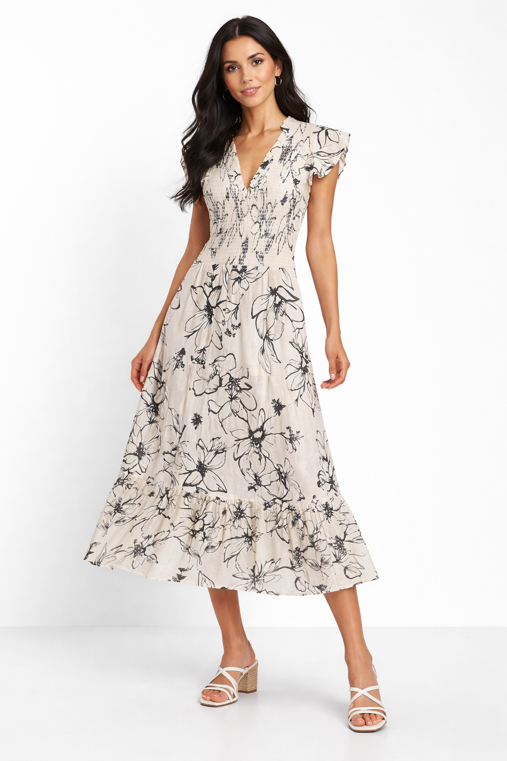 Vestidos Para Mujer Smok Con Olanes Estampado S61103 Hueso/Negro