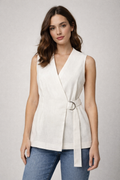 Chalecos Para Mujer Largo Cruzado Con Hebilla Tipo Lino R61103 Hueso