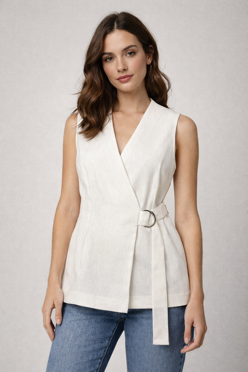 Chalecos Para Mujer Largo Cruzado Con Hebilla Tipo Lino R61103 Hueso