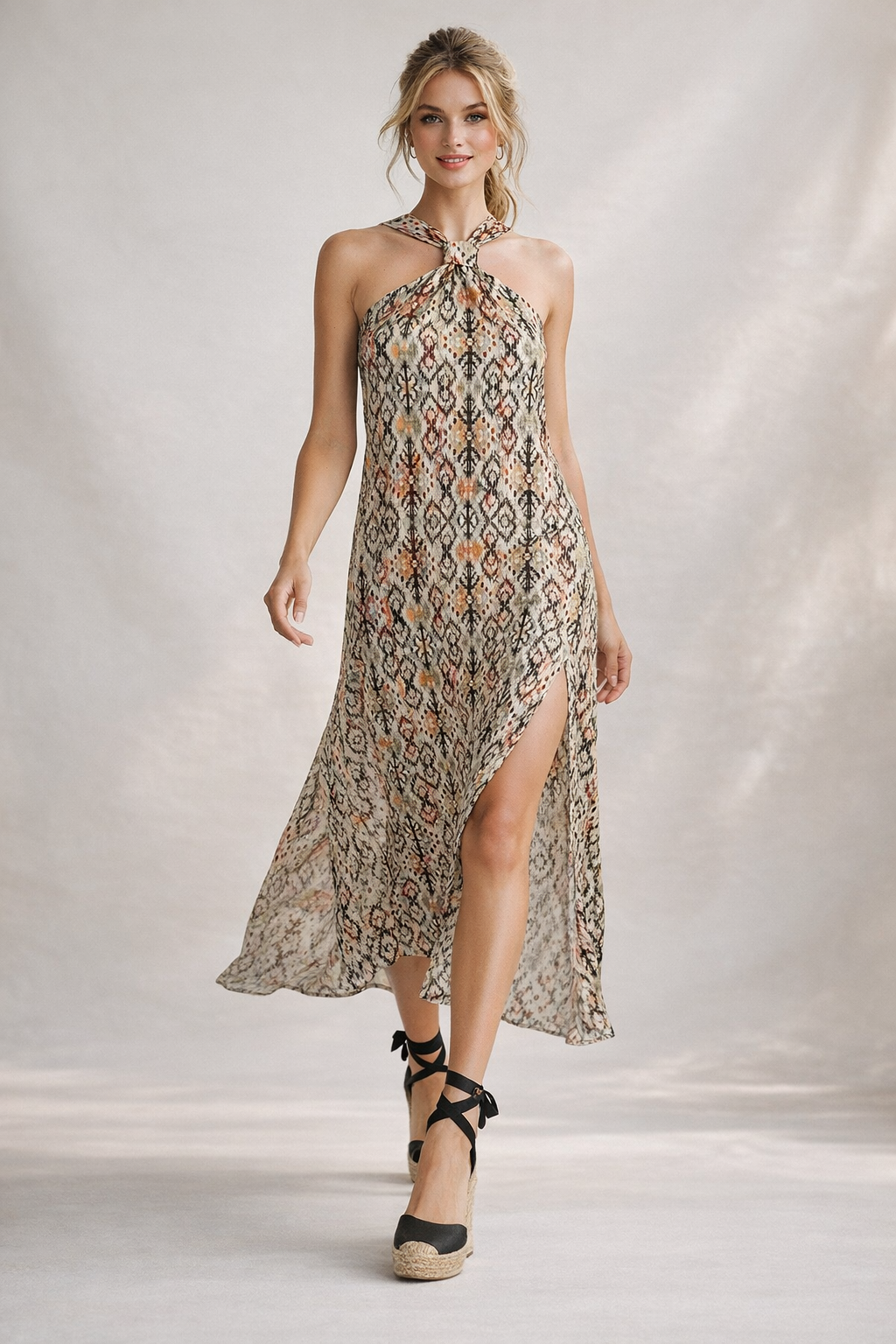 Vestidos Para Mujer Largo Cuello Halter Suelto Con Nudo S61111 Unico