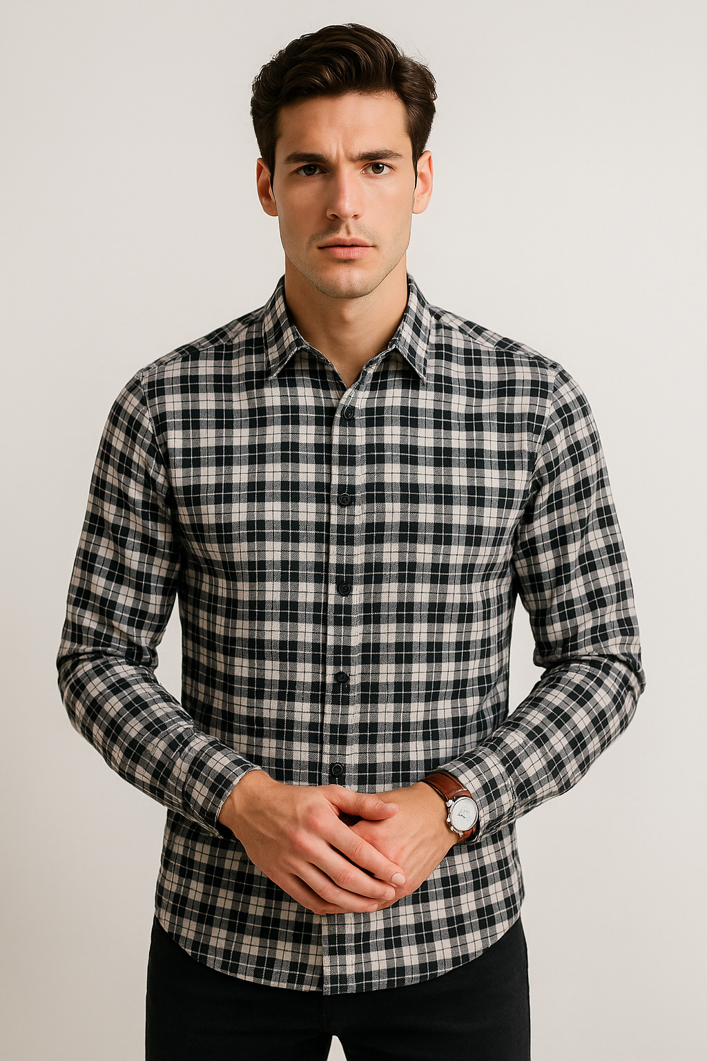 Camisas Para Hombre Corrugada Microcuadros B55310 Crema