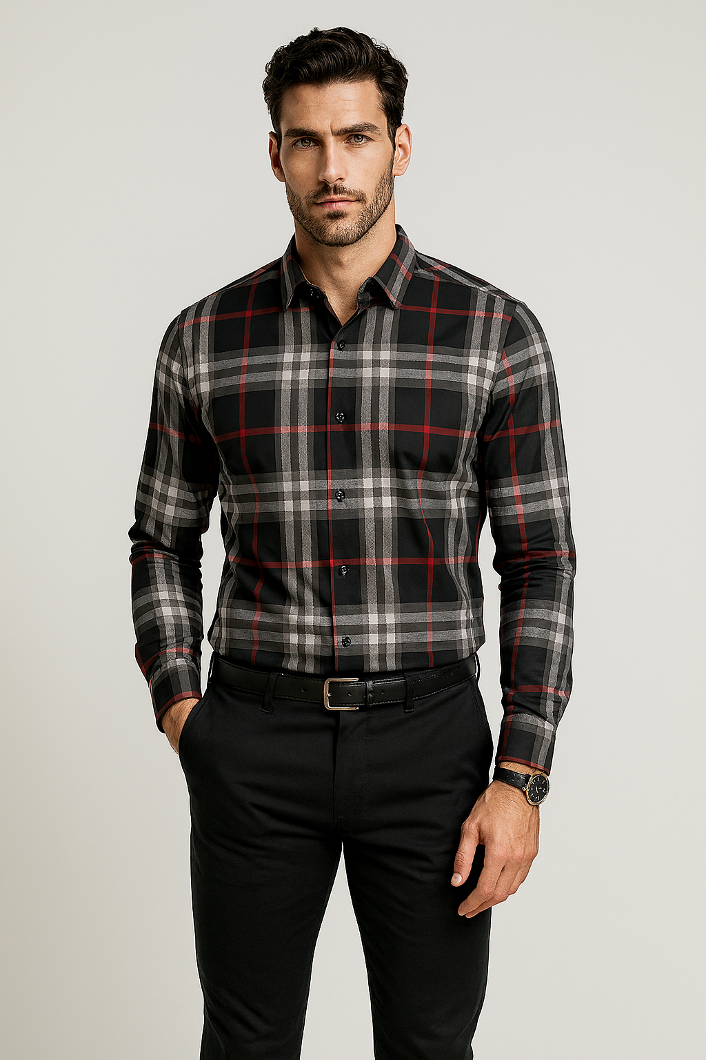 Camisas Para Hombre Manga Larga Cuadros B55308 Negro