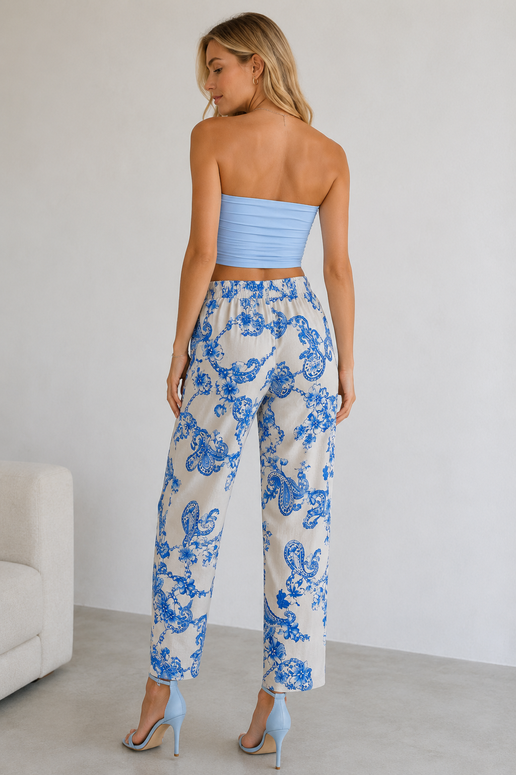 Pantalones Para Mujer Lino Paisley Con Jareta W61105 Hueso/Azul