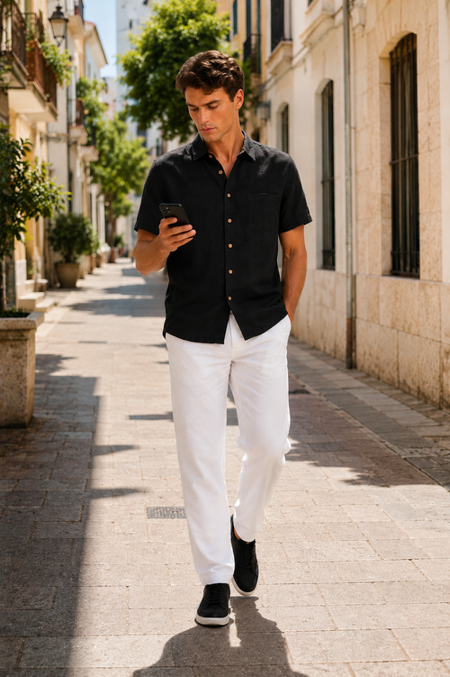 Camisas Para Hombre Manga Corta Albatros Tipo Lino Semi Recta B61561 Negro
