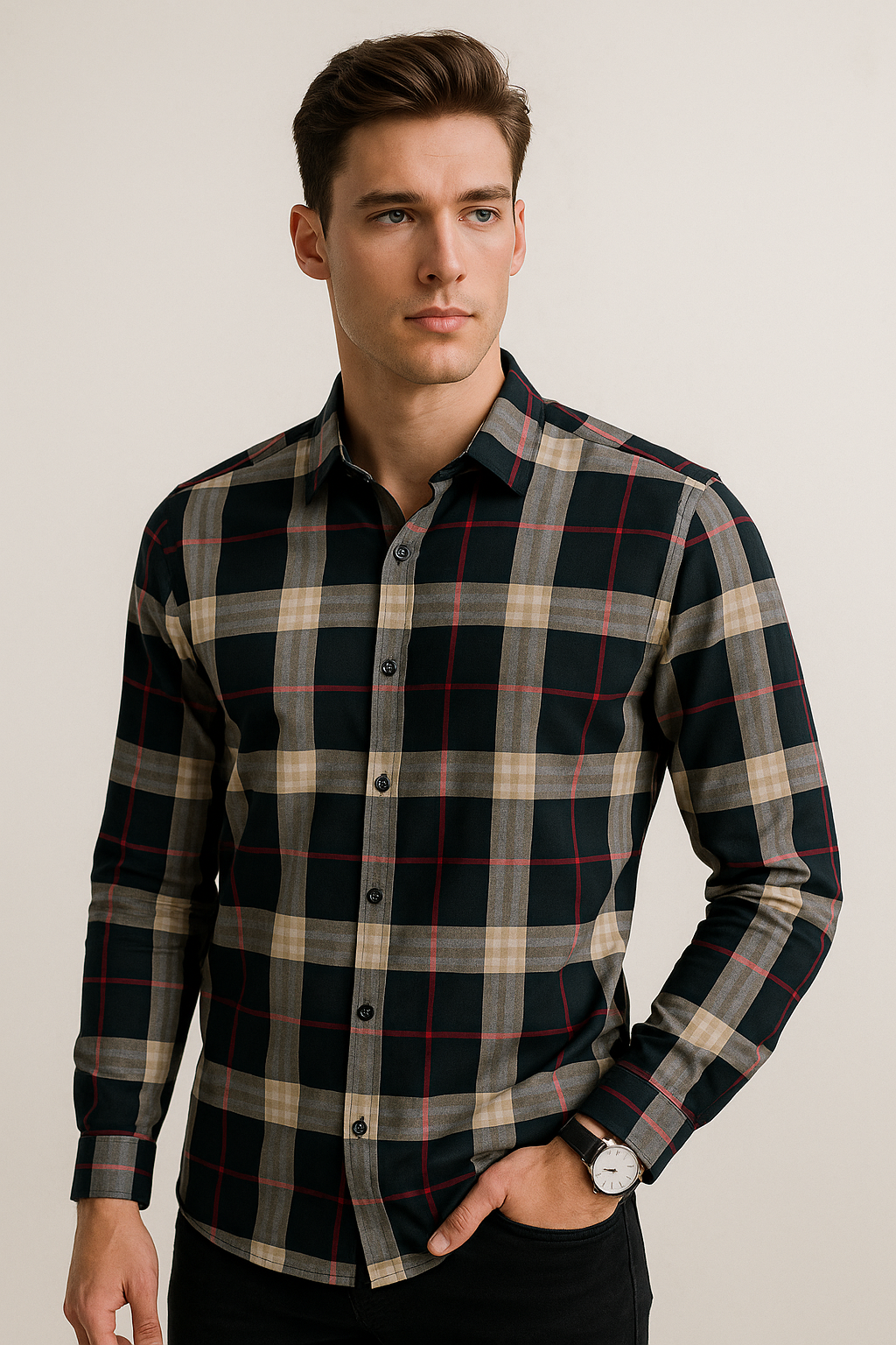 Camisas Para Hombre Cuadros Grandes B55309 Negro